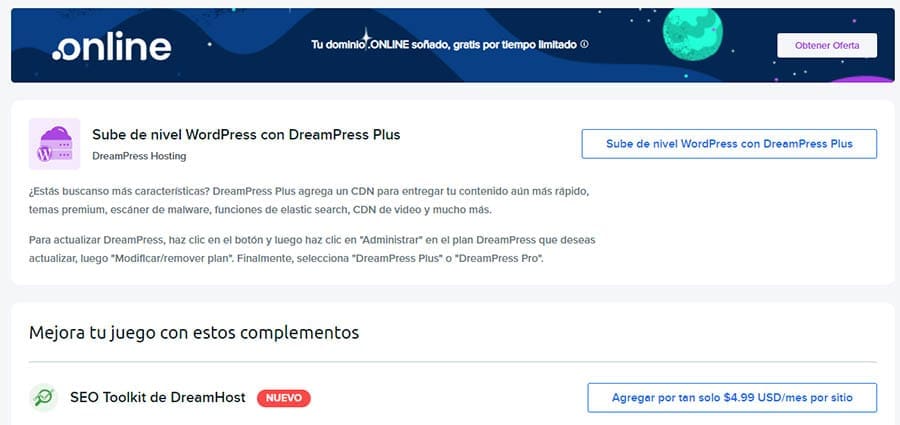 Banner de promocion deominios gratuitos .Online por tiempo limitado. Panel DreamHost
