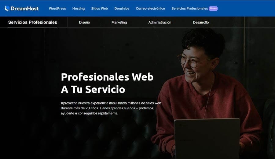 Página de inicio de Servicios Profesionales de DreamHost