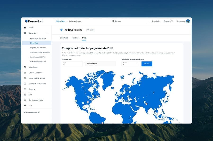 El rastreador de propagación de DNS en el panel de control de Dreamhost.