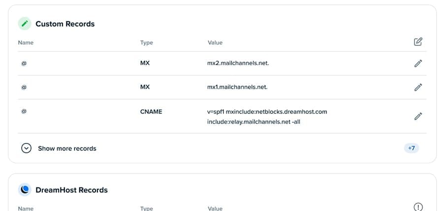 Enregistrements personnalisés DreamHost