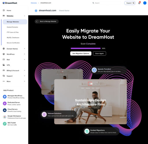 Novo Painel de Migração Adicionado a “Gerenciar Sites”